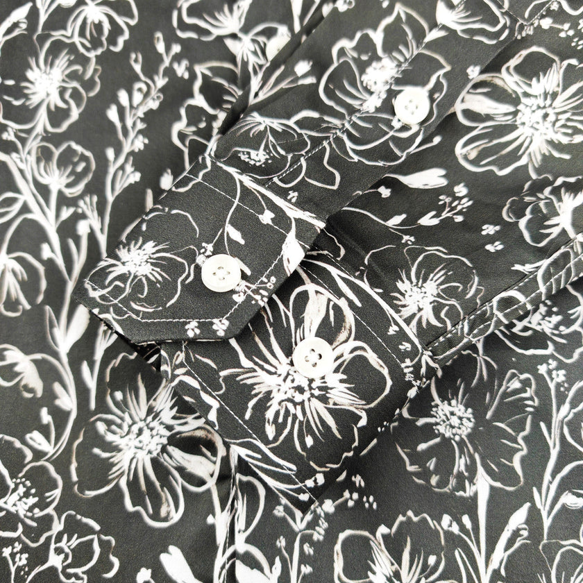 Men's Slim Fit Grey Monochrome Floral Pattern Shirt