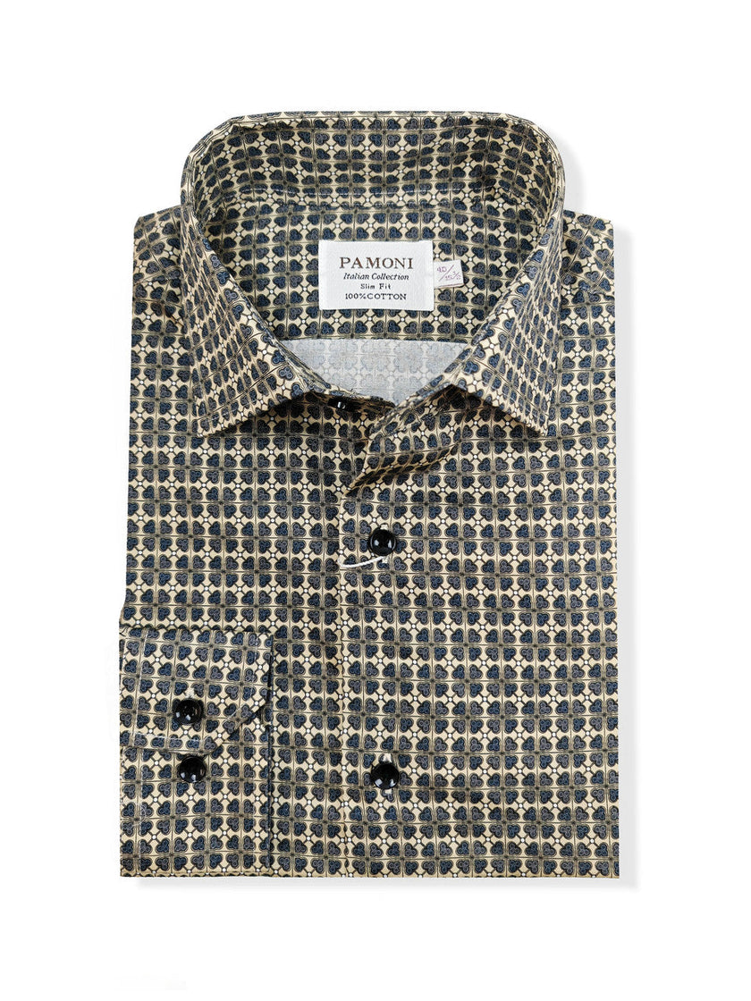 Men’s Beige & Navy Geometric Print Slim Fit Shirt – 100% Cotton