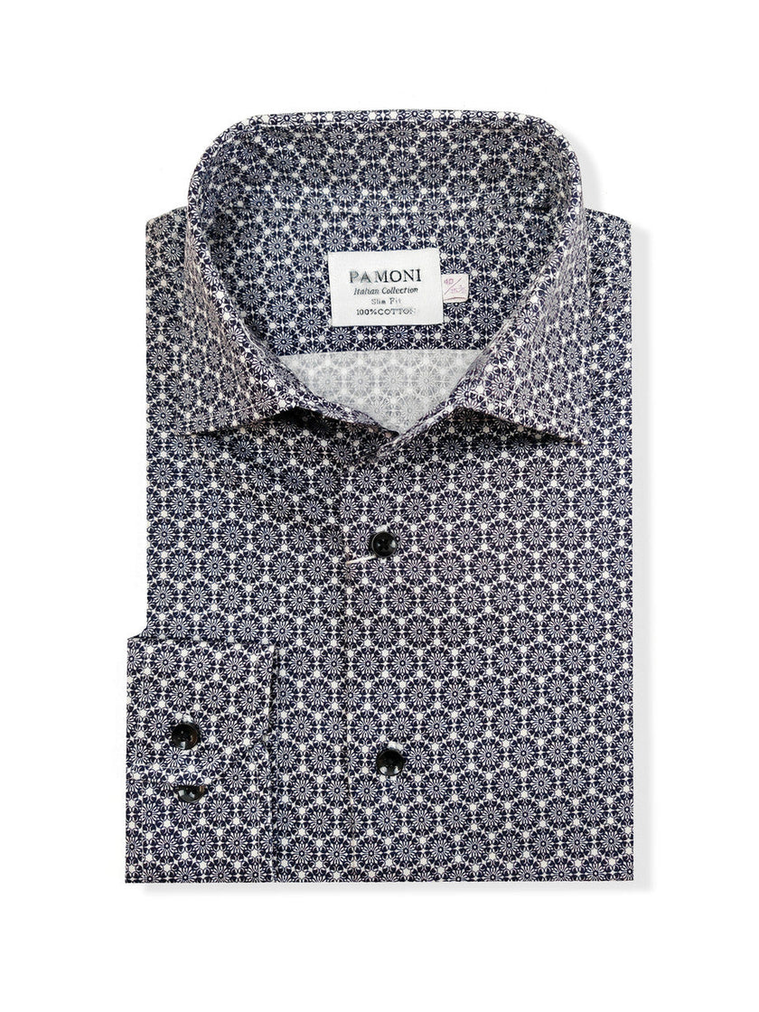 Men’s Navy & White Micro Floral Print Slim Fit Shirt – 100% Cotton