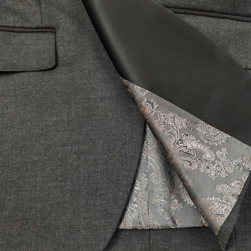 Men’s Slim Fit Wool-Blend Tuxedo with Satin Shawl Lapels – Charcoal