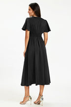 Satin V neckline Button Detail Dress In Black
