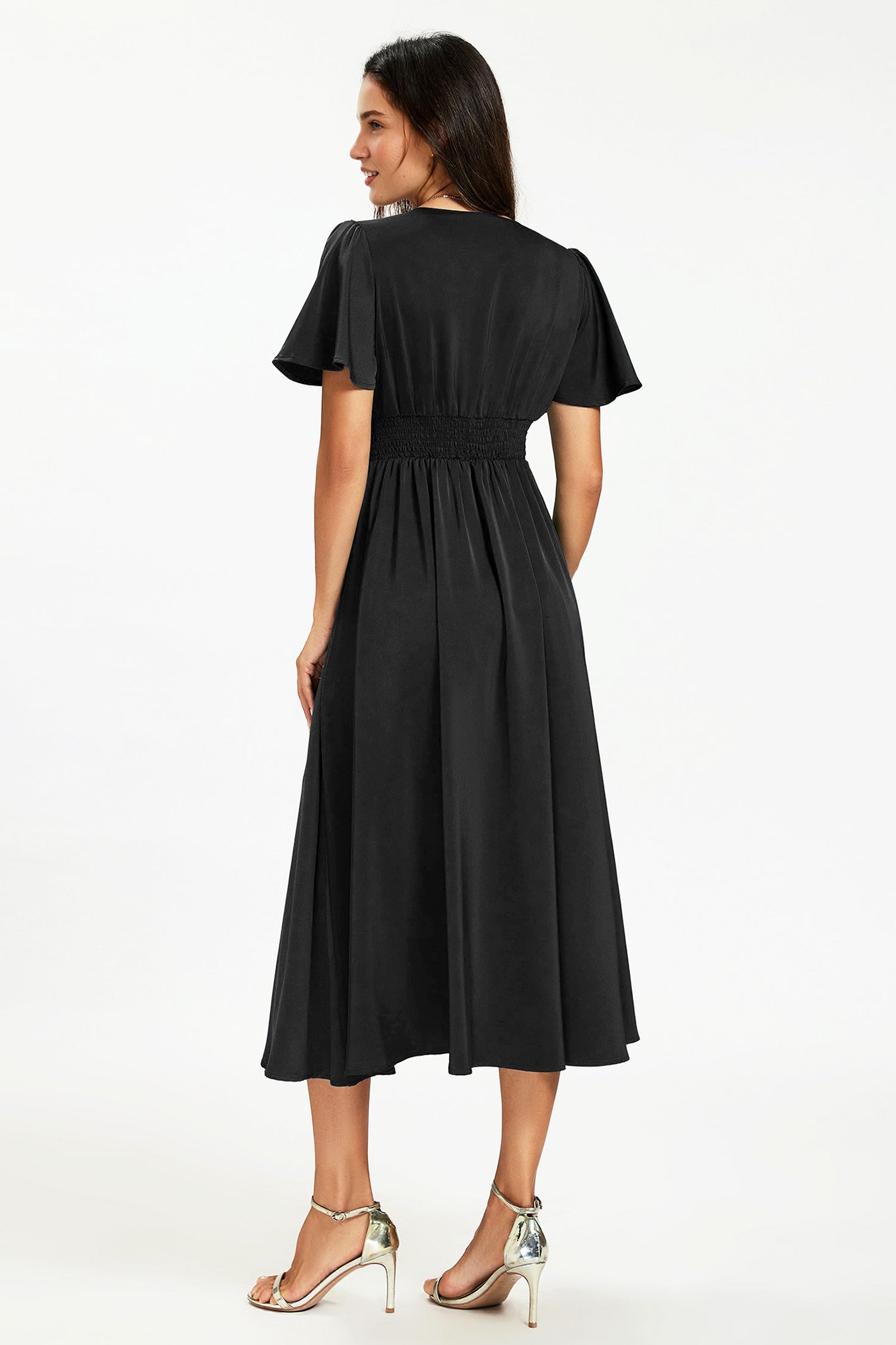 Satin V neckline Button Detail Dress In Black