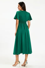 Satin V neckline Button Detail Dress In Green
