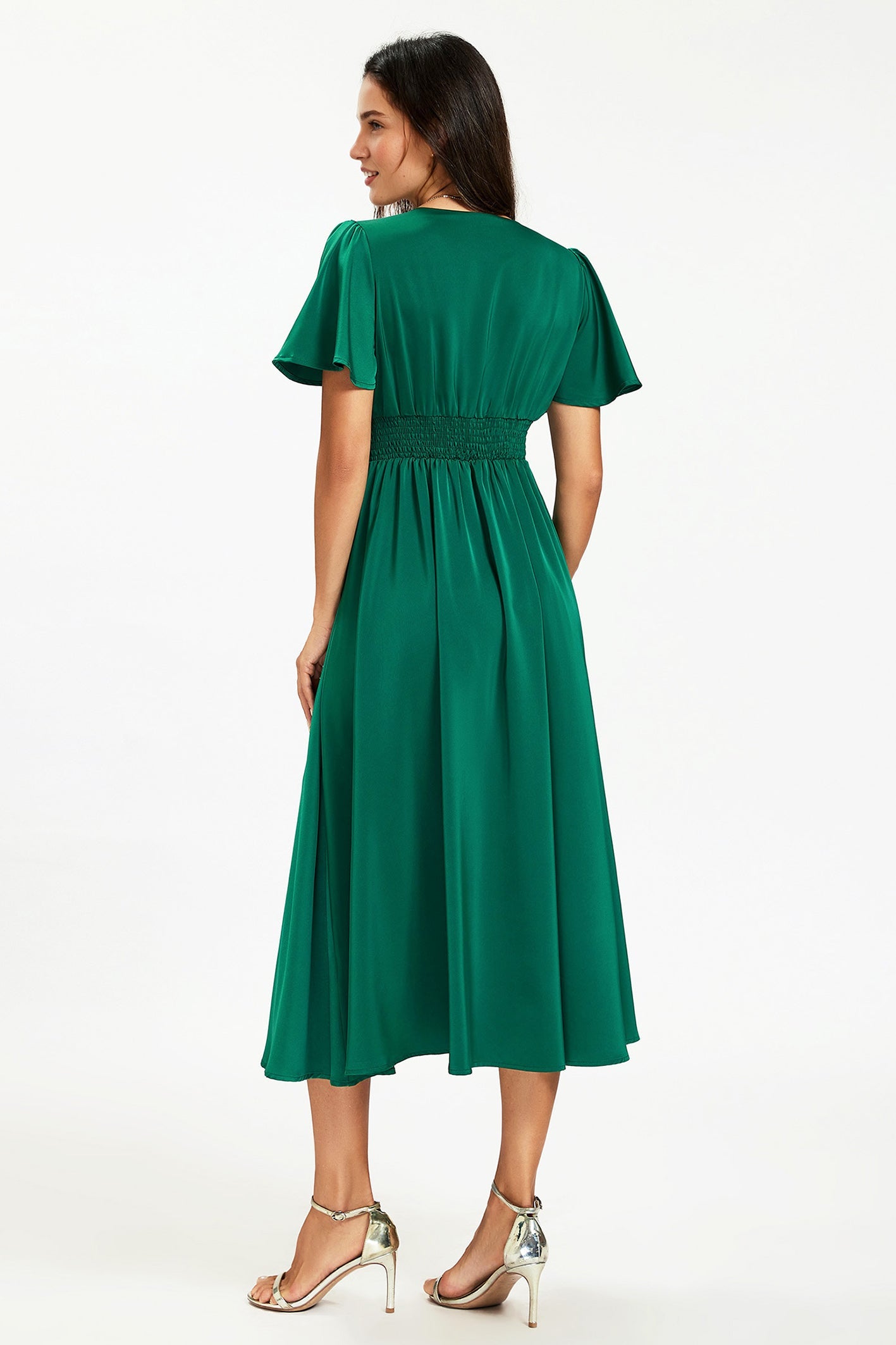 Satin V neckline Button Detail Dress In Green