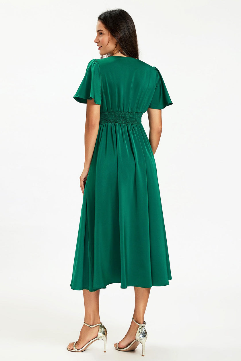 Satin V neckline Button Detail Dress In Green