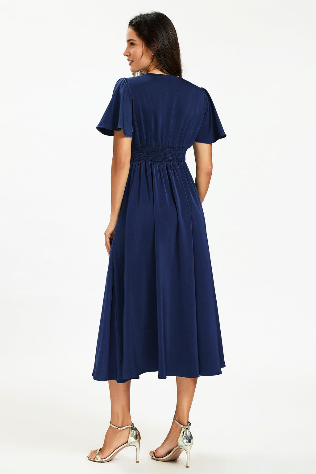 Satin V neckline Button Detail Dress In Navy