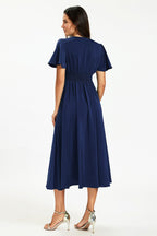 Satin V neckline Button Detail Dress In Navy