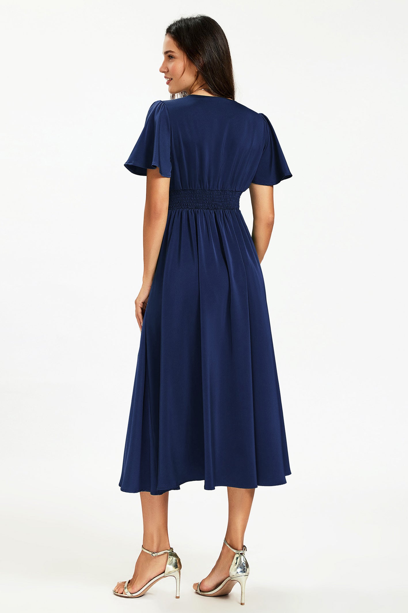 Satin V neckline Button Detail Dress In Navy