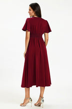 Satin V neckline Button Detail Dress In Wine