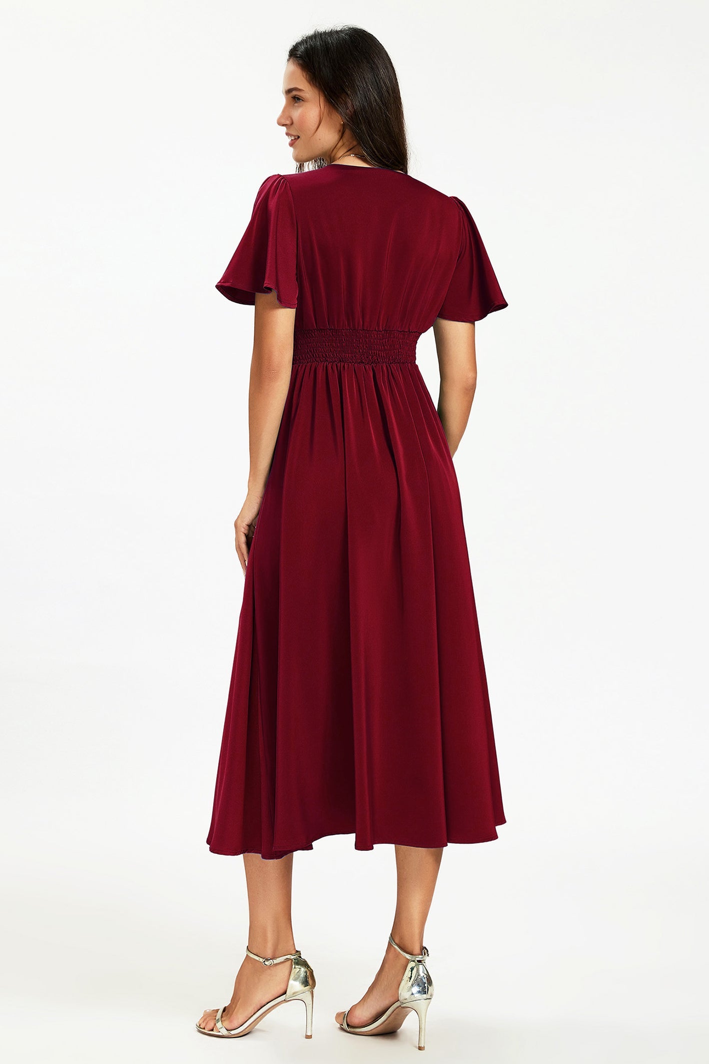 Satin V neckline Button Detail Dress In Wine