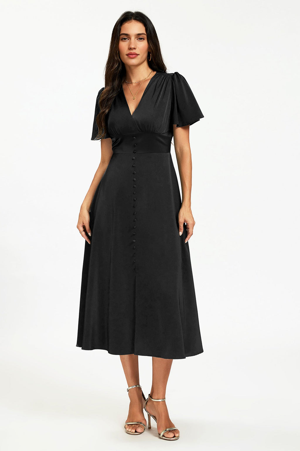Satin V neckline Button Detail Dress In Black
