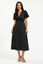 Satin V neckline Button Detail Dress In Black