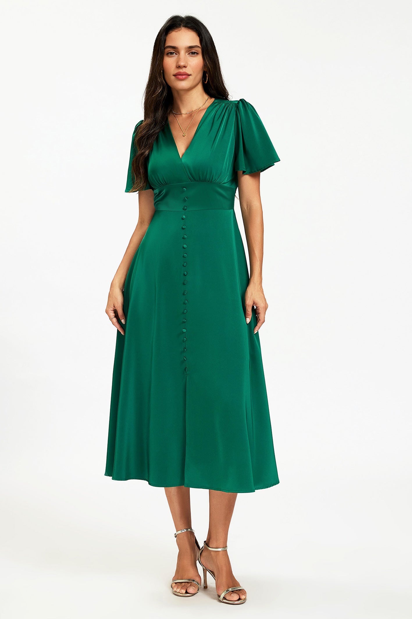 Satin V neckline Button Detail Dress In Green