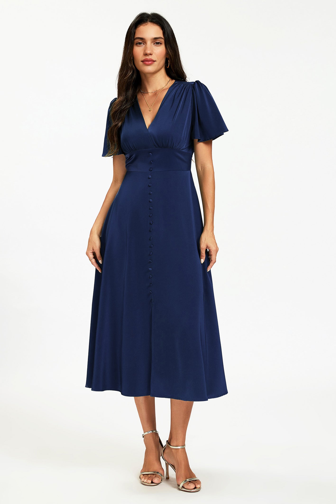 Satin V neckline Button Detail Dress In Navy