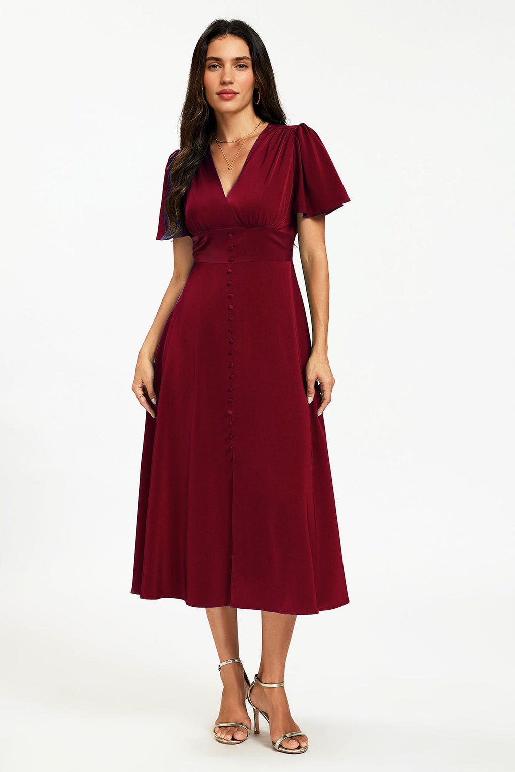 Satin V neckline Button Detail Dress In Wine