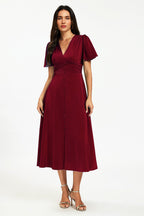Satin V neckline Button Detail Dress In Wine