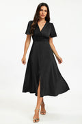 Satin V neckline Button Detail Dress In Black