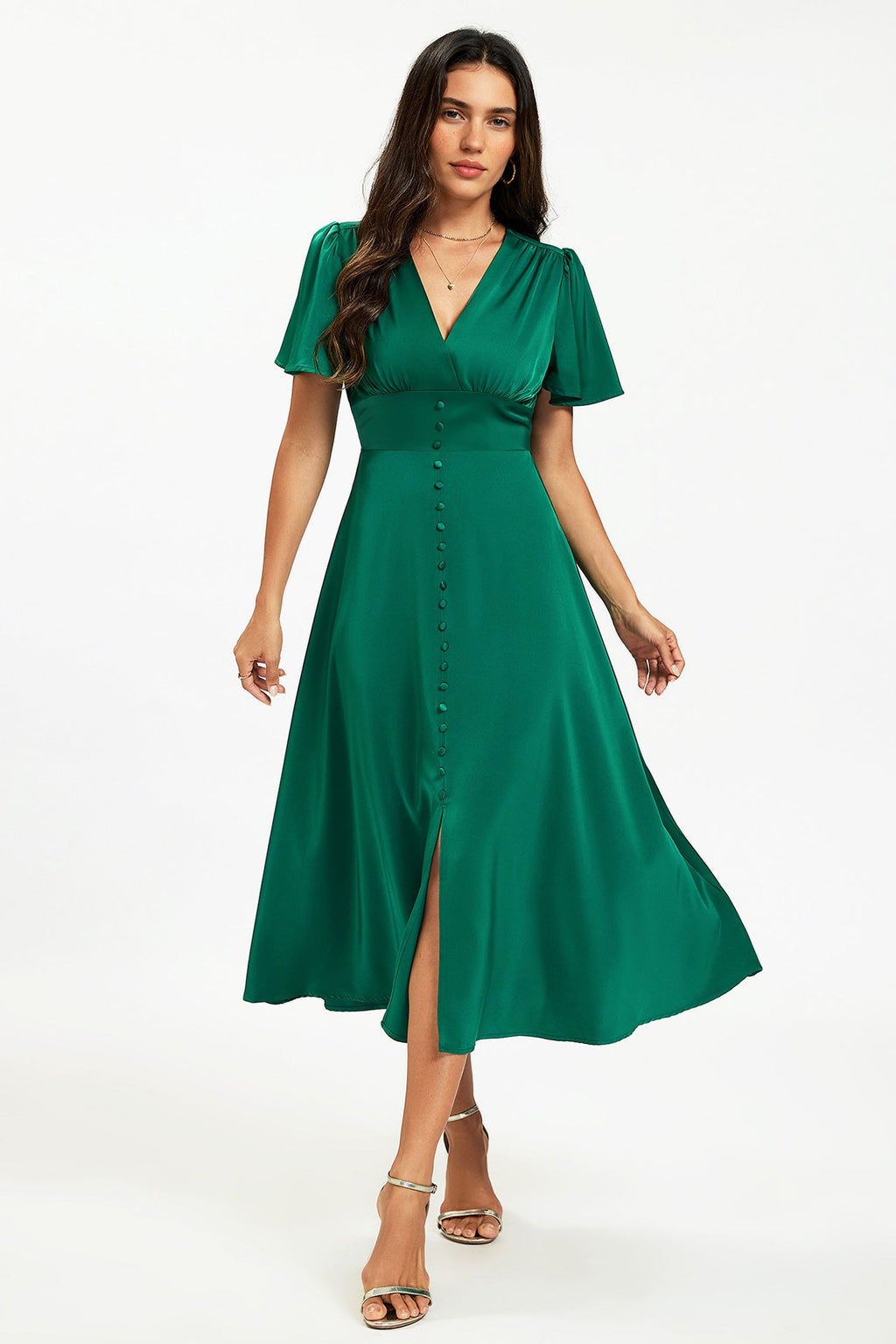 Satin V neckline Button Detail Dress In Green