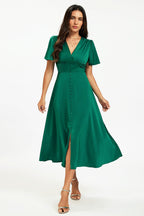 Satin V neckline Button Detail Dress In Green