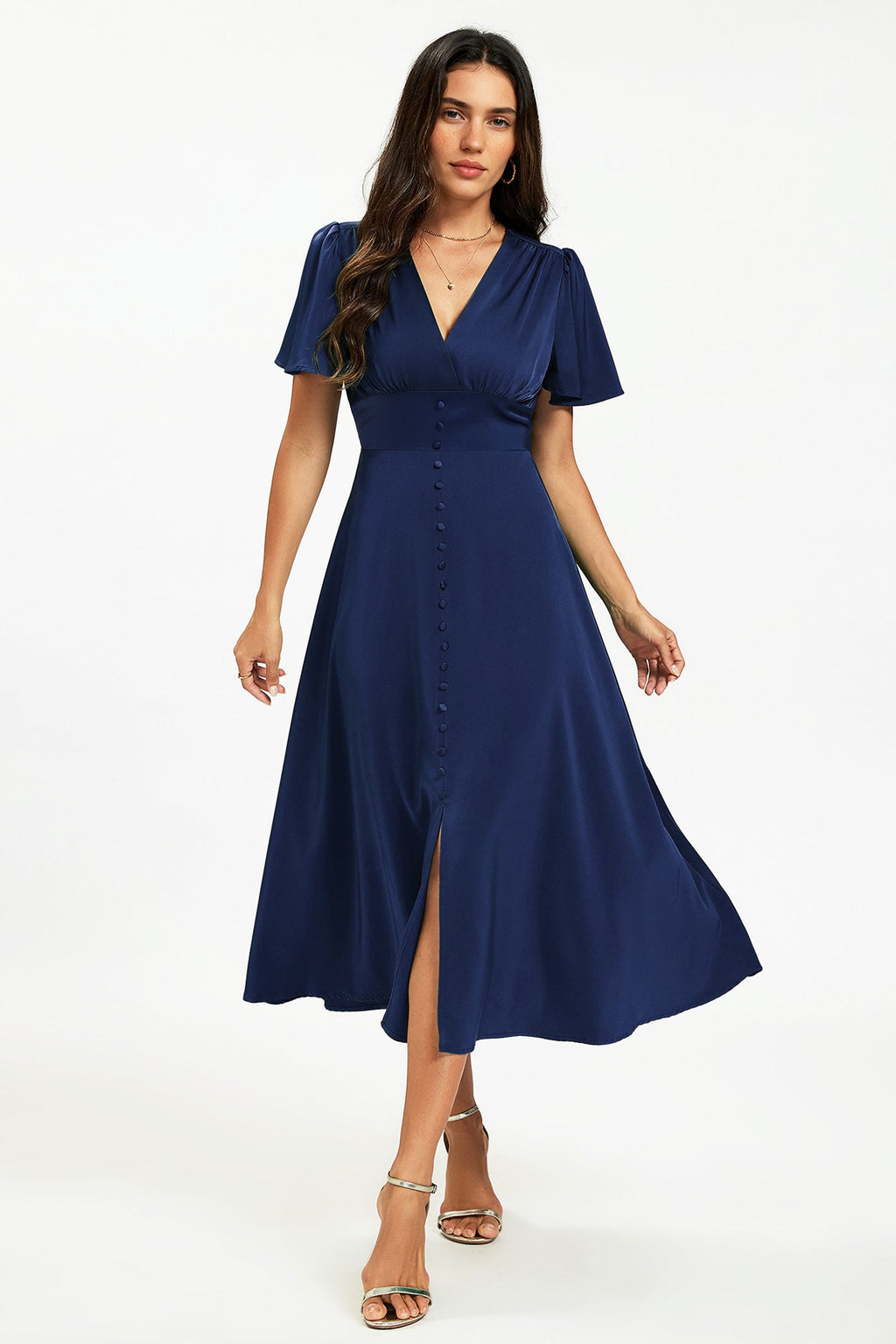 Satin V neckline Button Detail Dress In Navy