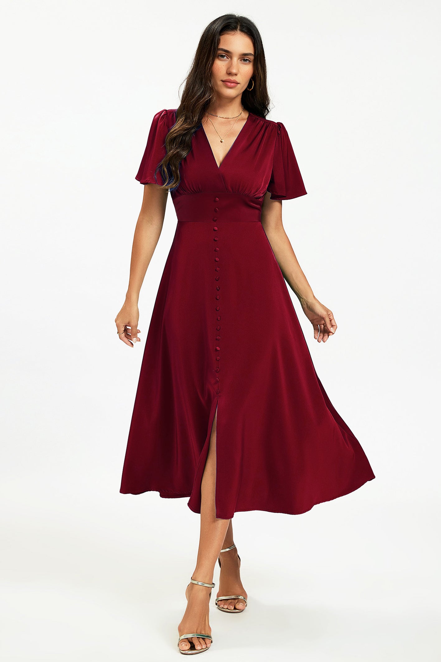 Satin V neckline Button Detail Dress In Wine