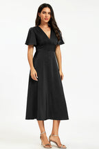 Satin V neckline Button Detail Dress In Black