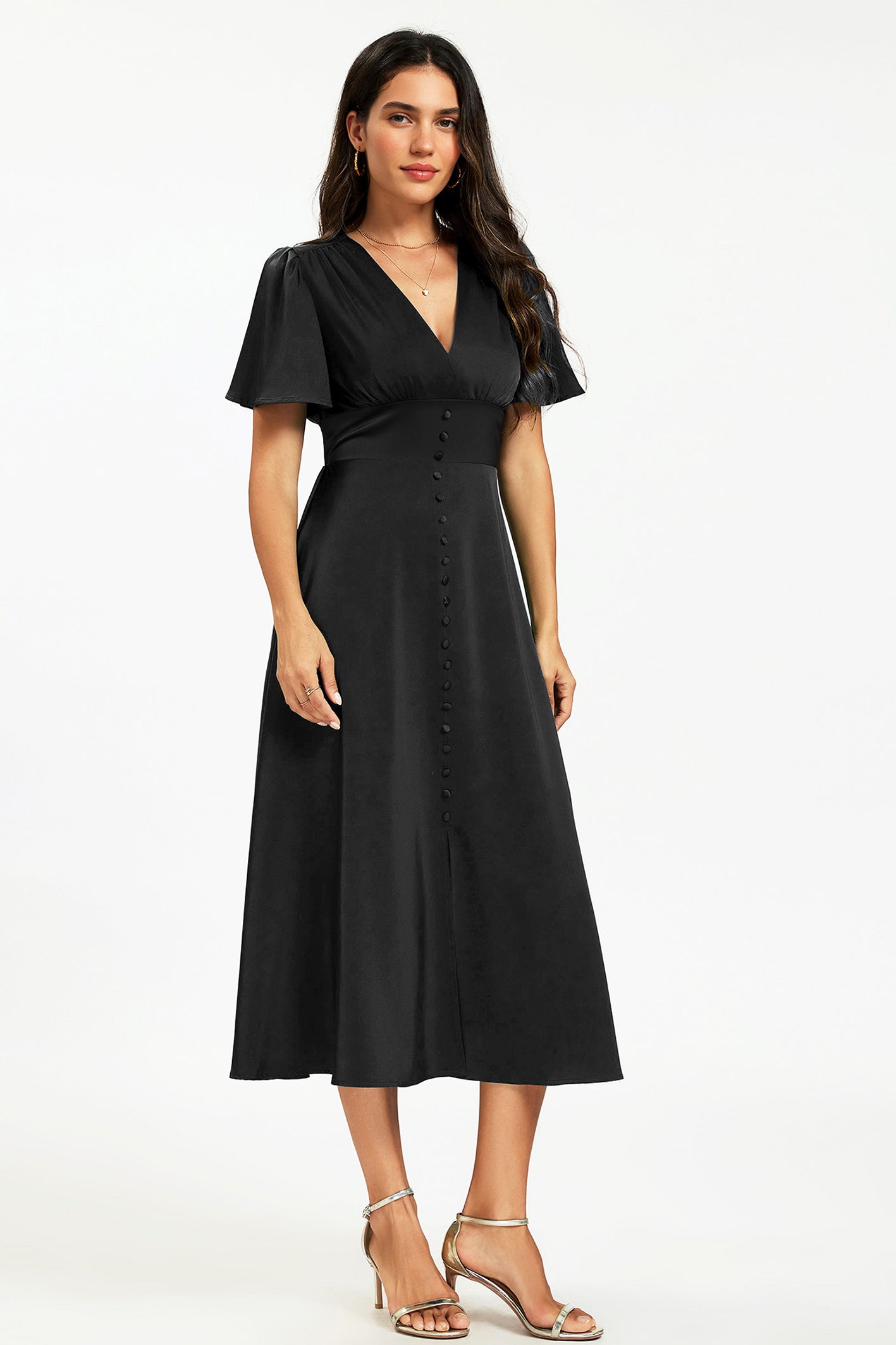 Satin V neckline Button Detail Dress In Black