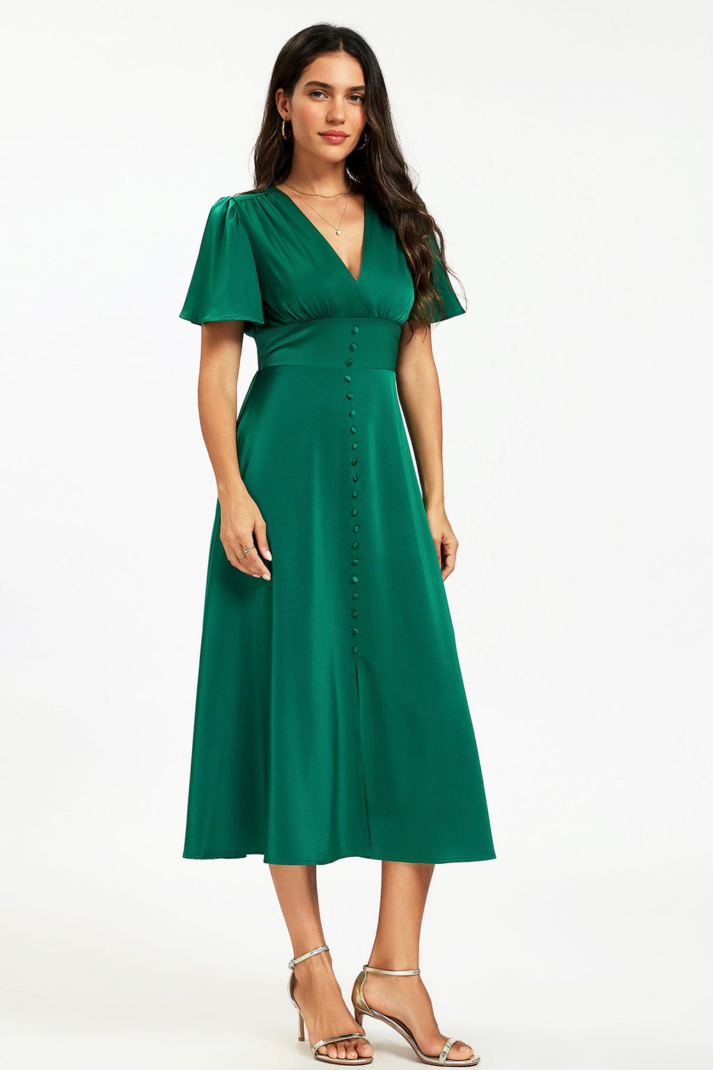Satin V neckline Button Detail Dress In Green