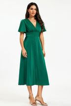 Satin V neckline Button Detail Dress In Green