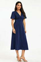 Satin V neckline Button Detail Dress In Navy