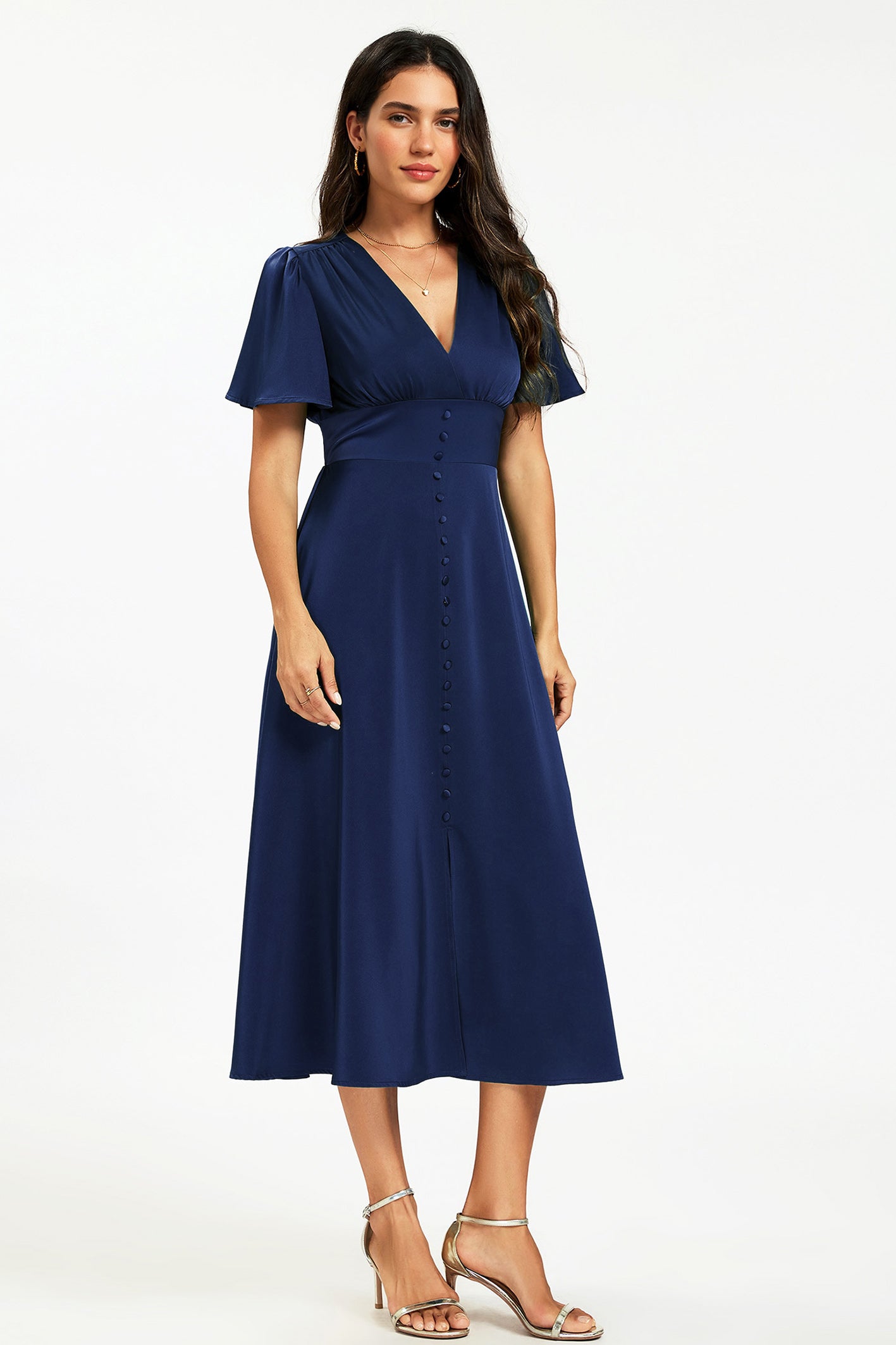 Satin V neckline Button Detail Dress In Navy