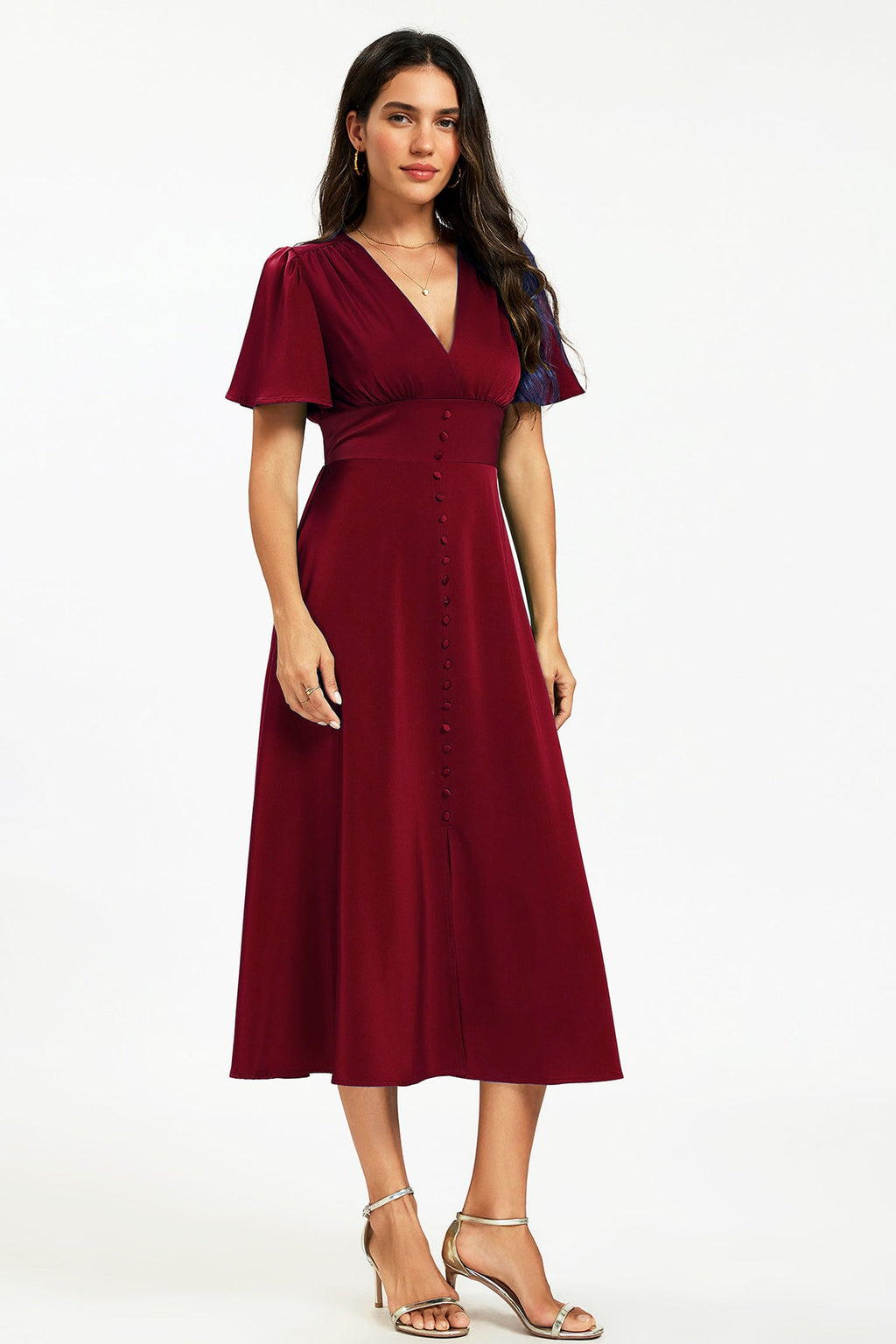 Satin V neckline Button Detail Dress In Wine