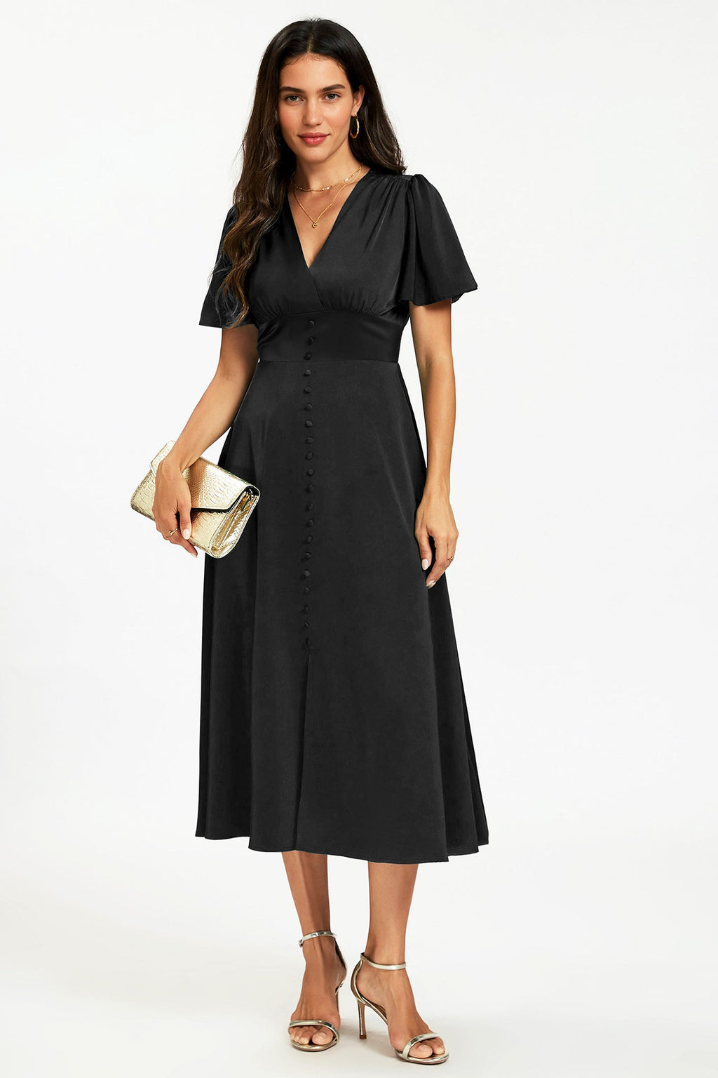 Satin V neckline Button Detail Dress In Black