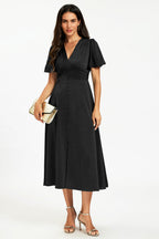 Satin V neckline Button Detail Dress In Black