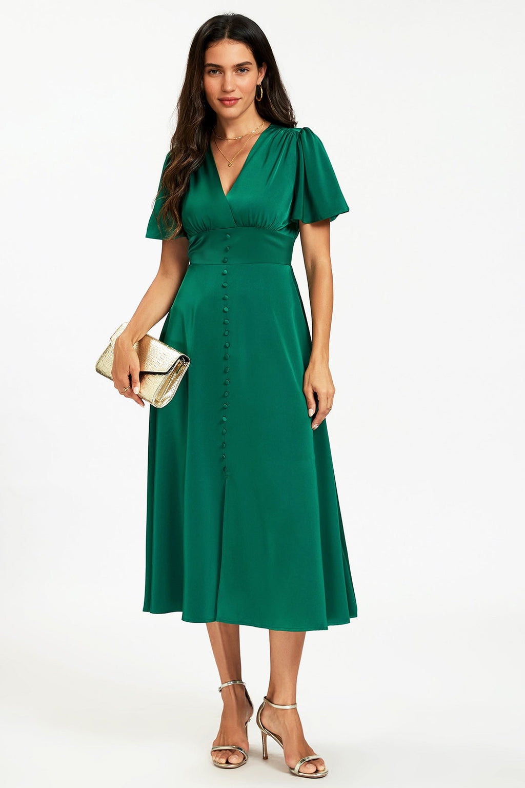 Satin V neckline Button Detail Dress In Green