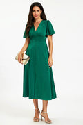 Satin V neckline Button Detail Dress In Green