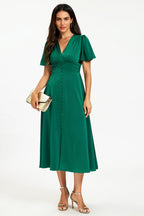 Satin V neckline Button Detail Dress In Green