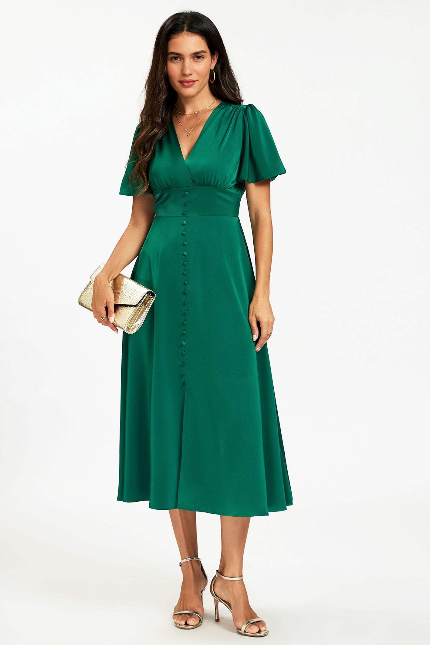 Satin V neckline Button Detail Dress In Green
