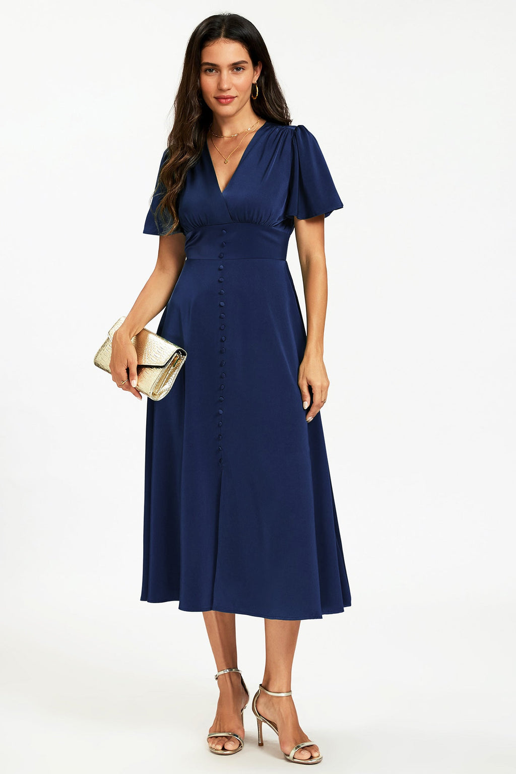 Satin V neckline Button Detail Dress In Navy