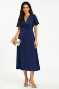 Satin V neckline Button Detail Dress In Navy