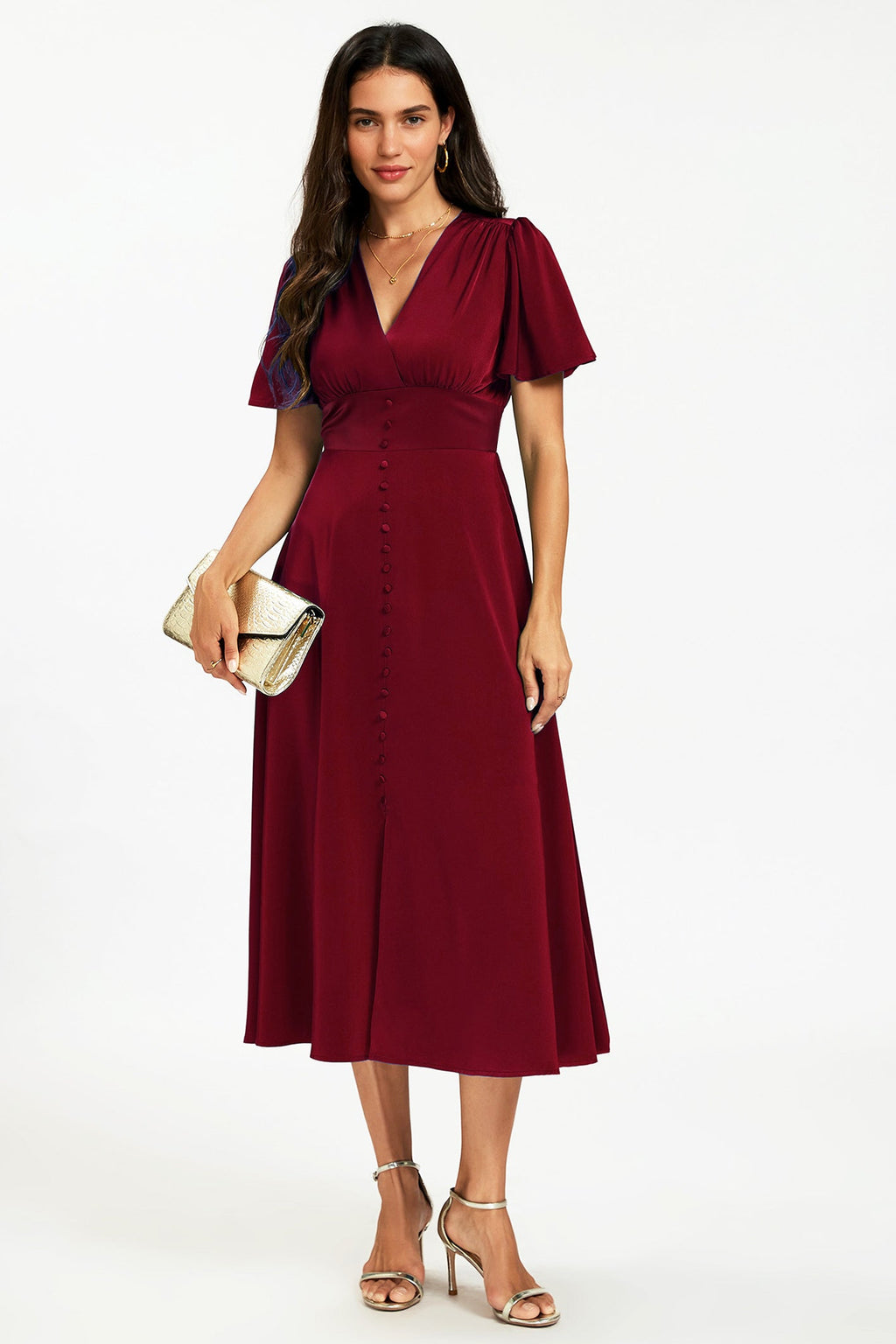 Satin V neckline Button Detail Dress In Wine