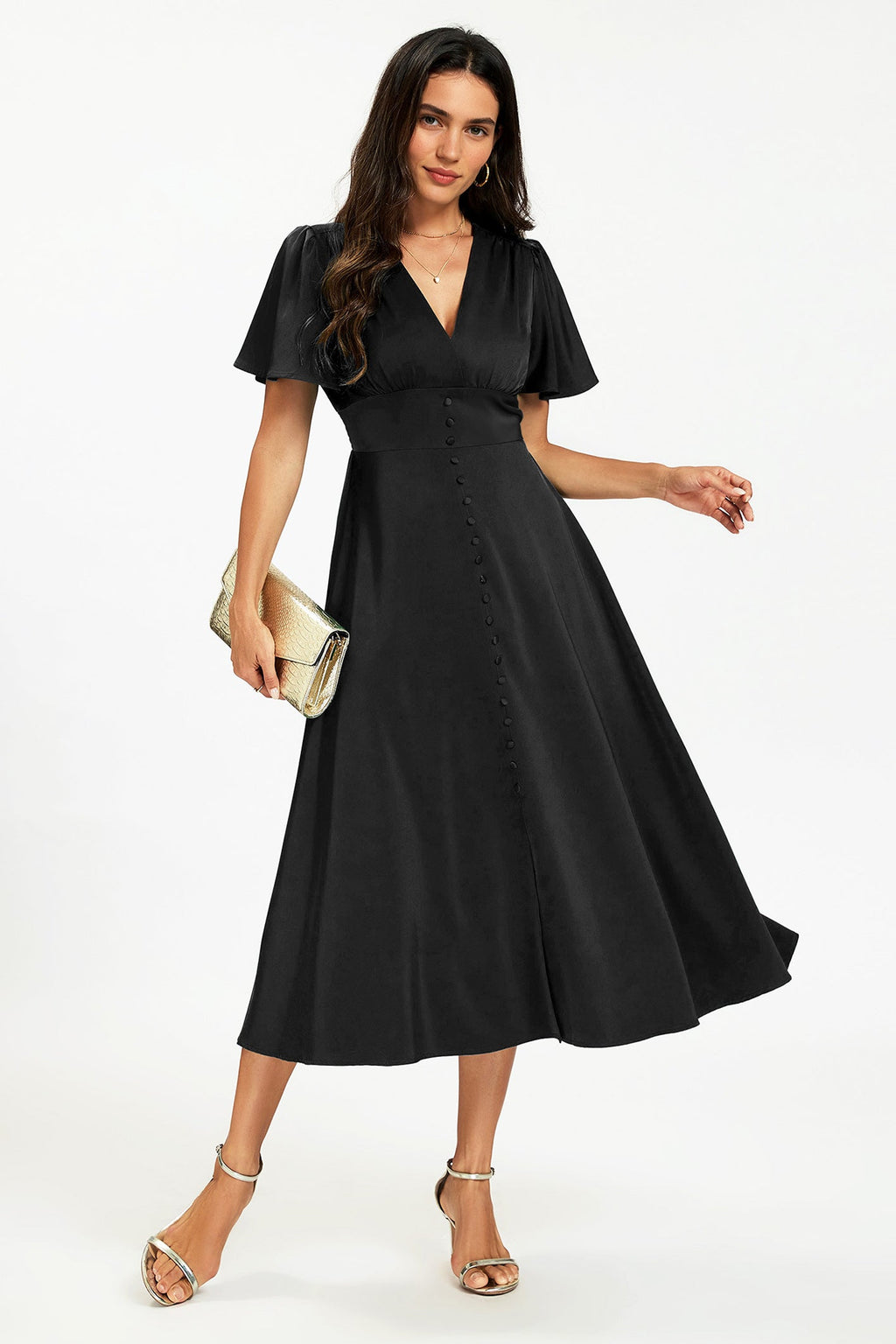 Satin V neckline Button Detail Dress In Black