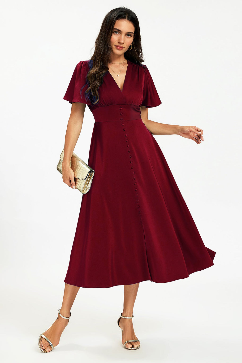 Satin V neckline Button Detail Dress In Wine