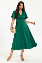 Satin V neckline Button Detail Dress In Green
