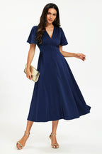 Satin V neckline Button Detail Dress In Navy