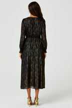 Gold Stripe Foil Long Sleeve Maxi Dress In Black