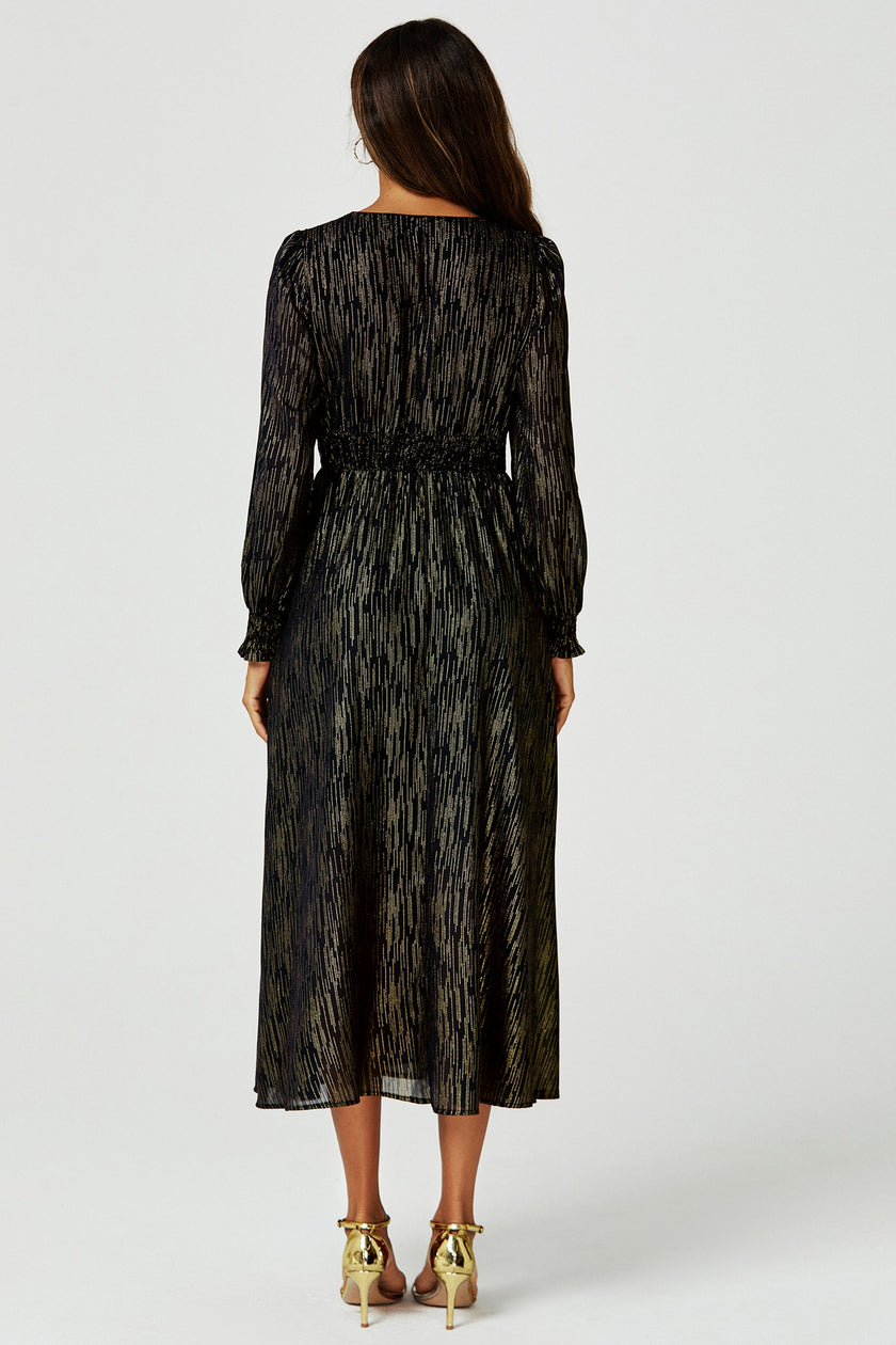 Gold Stripe Foil Long Sleeve Maxi Dress In Black