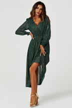 Gold Stripe Foil Long Sleeve Maxi Dress In Green