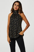 Gold Foil Star Halter Neck Tie Back Top In Black
