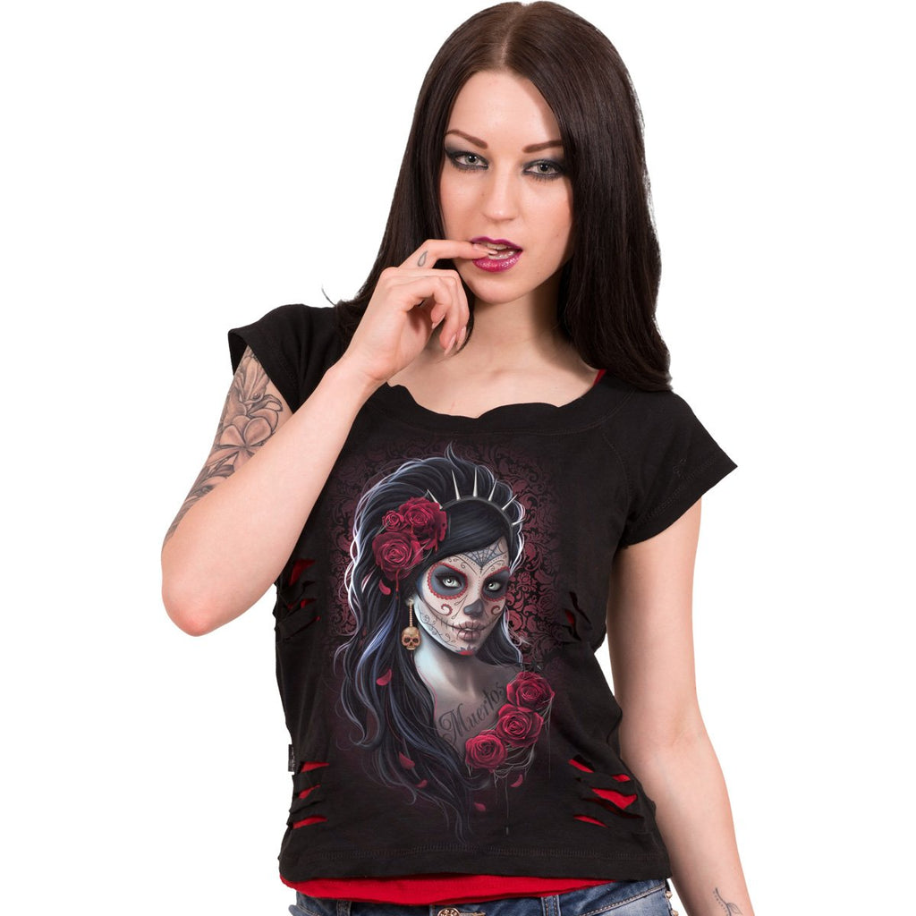 JOUR DES MORTS - Haut court rouge déchiré 2en1 noir